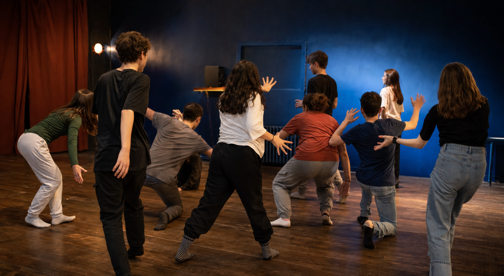 Un groupe d’adolescents participe à un exercice d’improvisation théâtrale